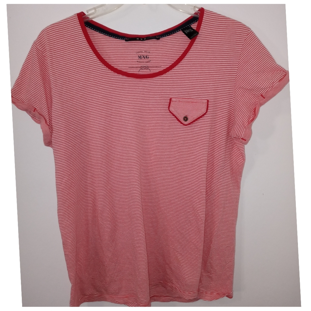 MNG Summer Beachy Red & White Striped Tee Shirt Pocket Size XL